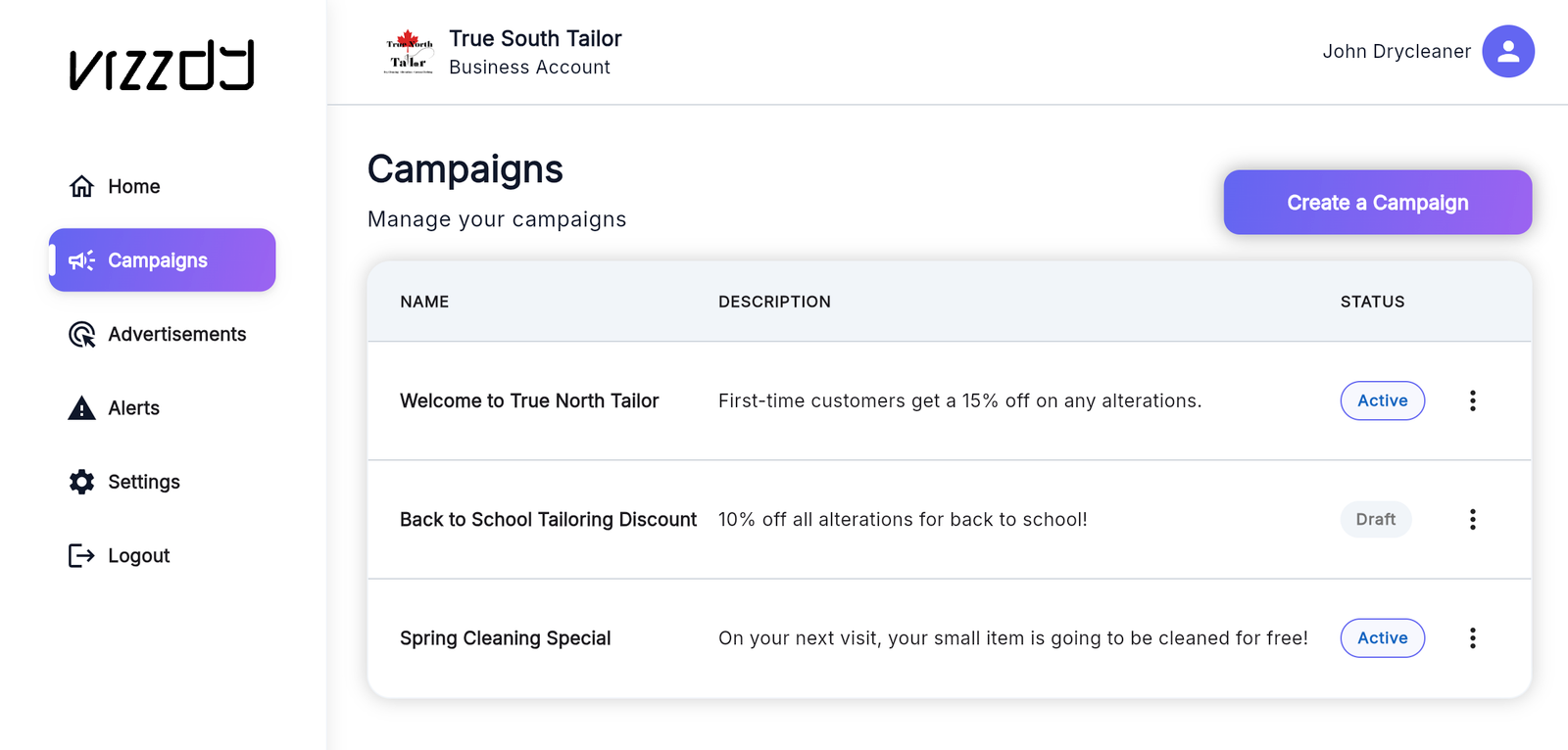 Vizzdy business owner campaign list showing active and draft campaigns